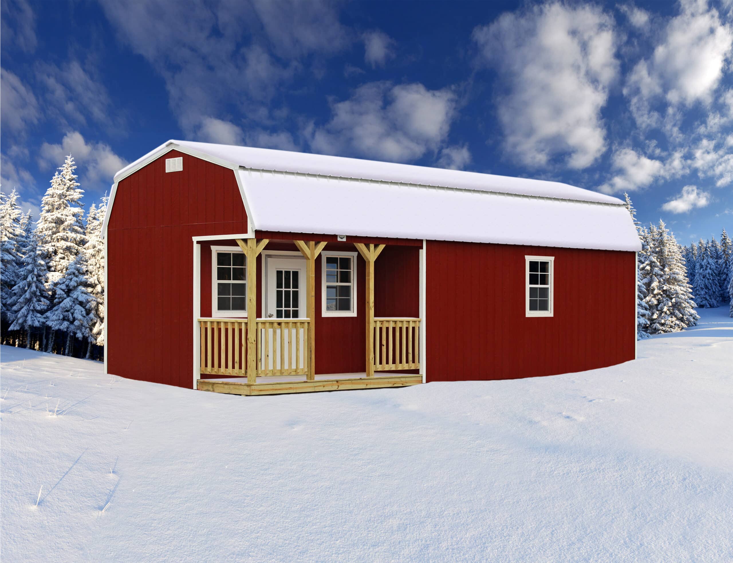 red cabin in snow.