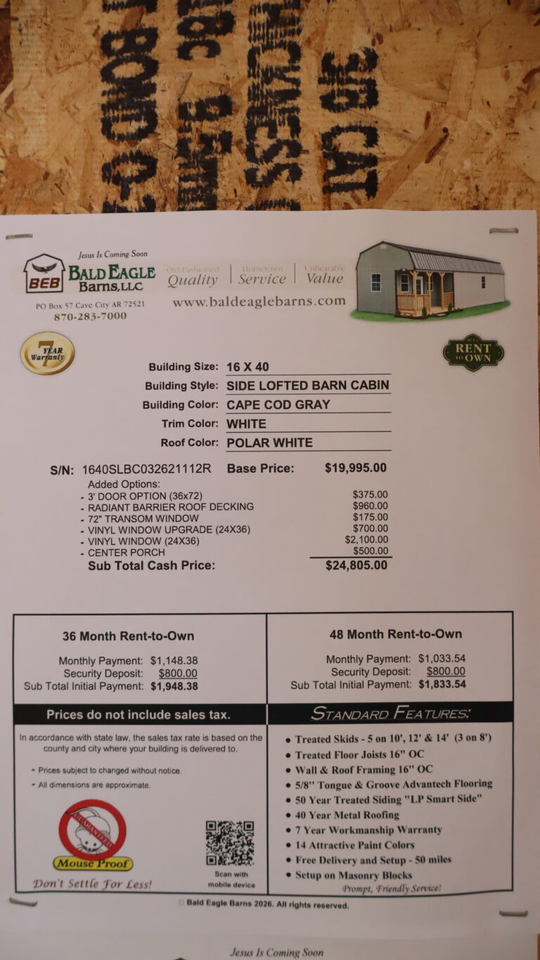 16x40 Side Lofted Barn Cabin