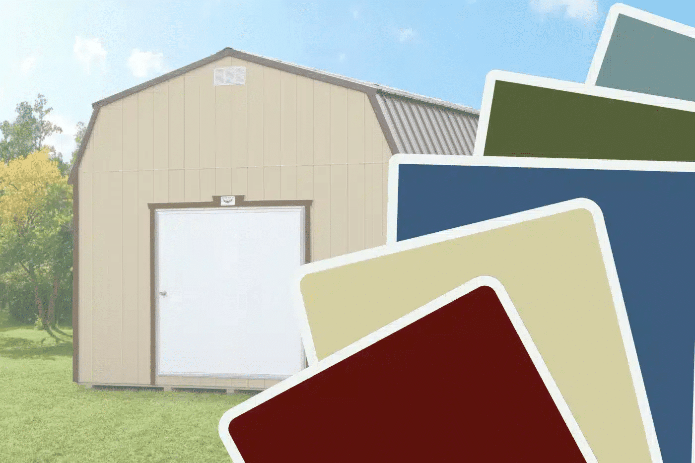8x12 barn-style shed with a beige exterior, brown trim, a metal roof, and a white door, shown with a selection of paint color swatches in red, blue, green, beige, and gray displayed in the foreground, highlighting customization options