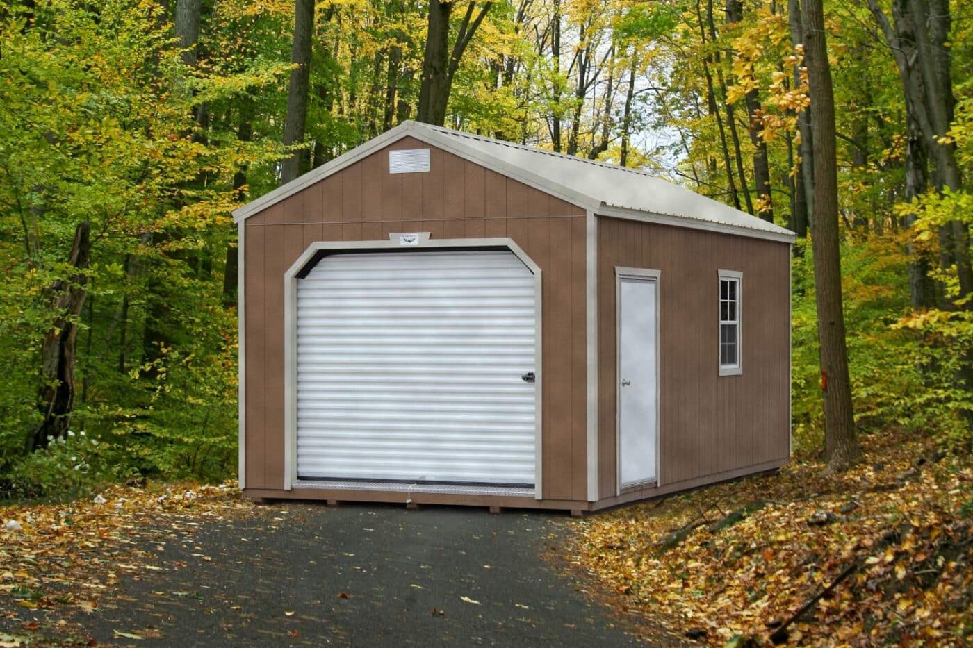 Beige shed in forest with white door, trim, and roof. Set on concrete paver