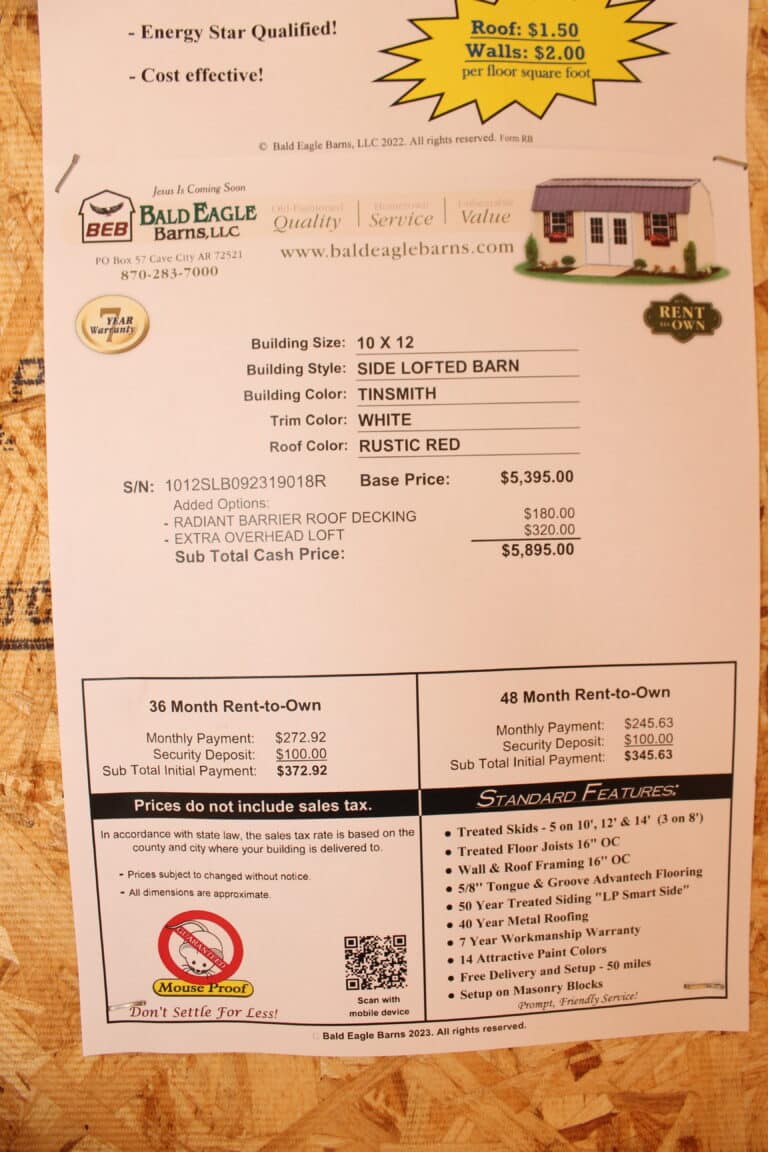 10x12 Side Lofted Barn - Used
