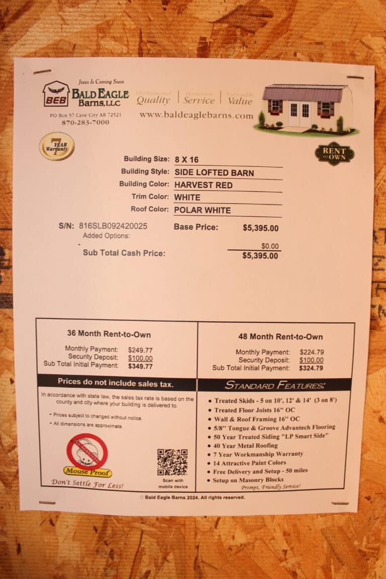 8 x16 Side Lofted Barn