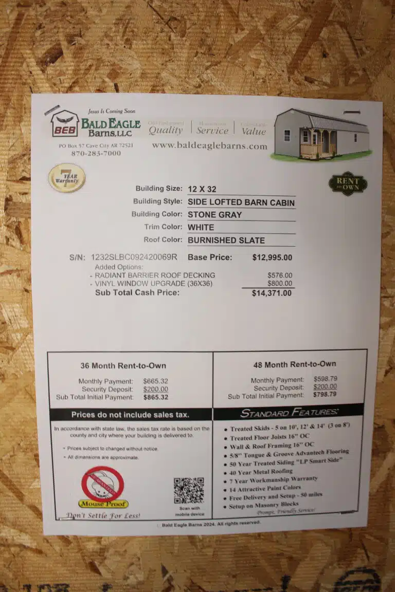 12x32 Side Lofted Barn Cabin