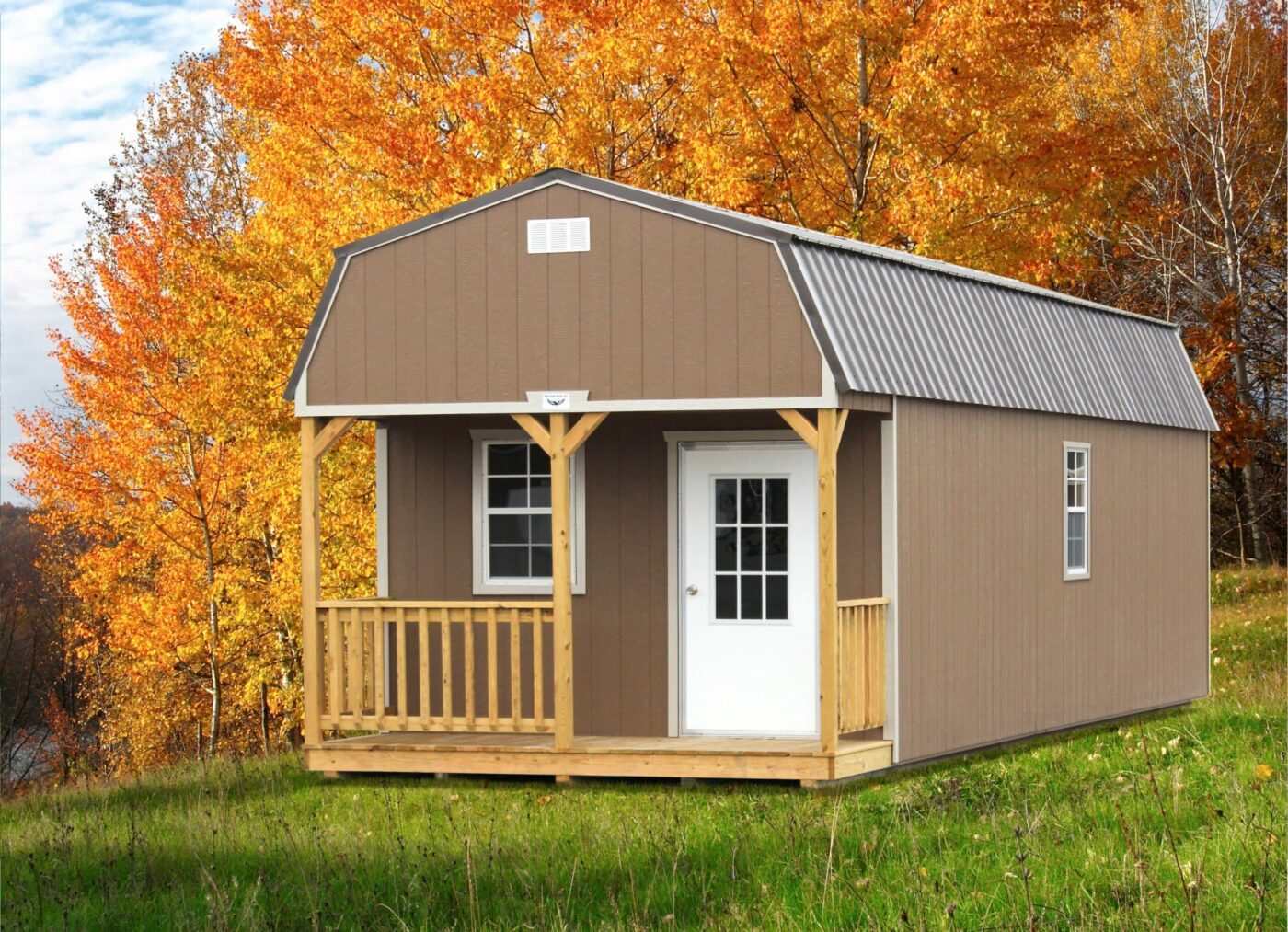 a beige cabin shed with a front porch for sale in cushman AR