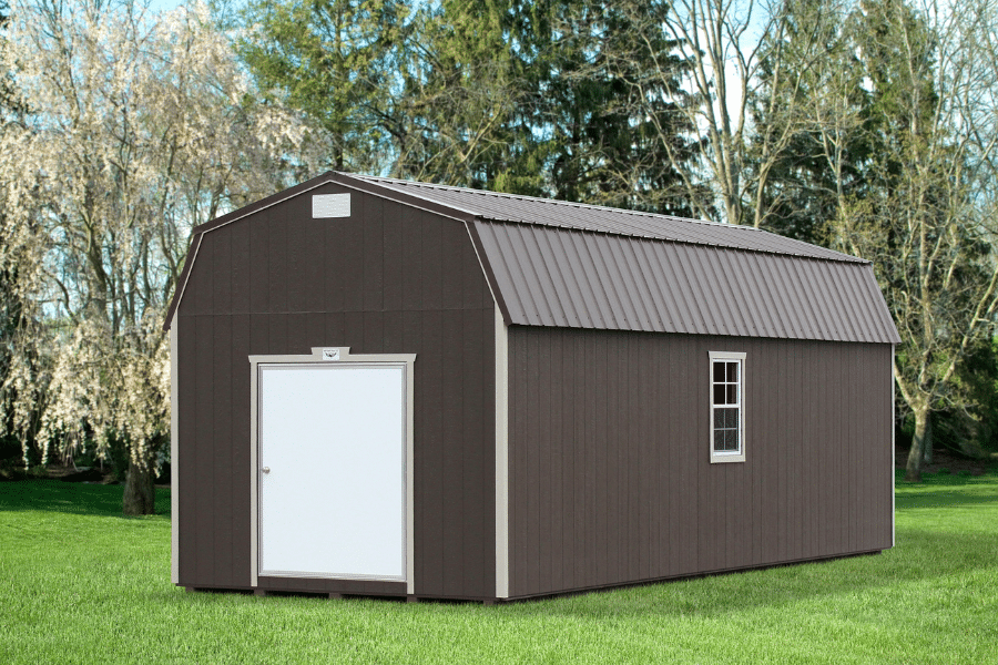 brown high barn rent to own shed with white trim and curved brown metal roof with white door and window on right side