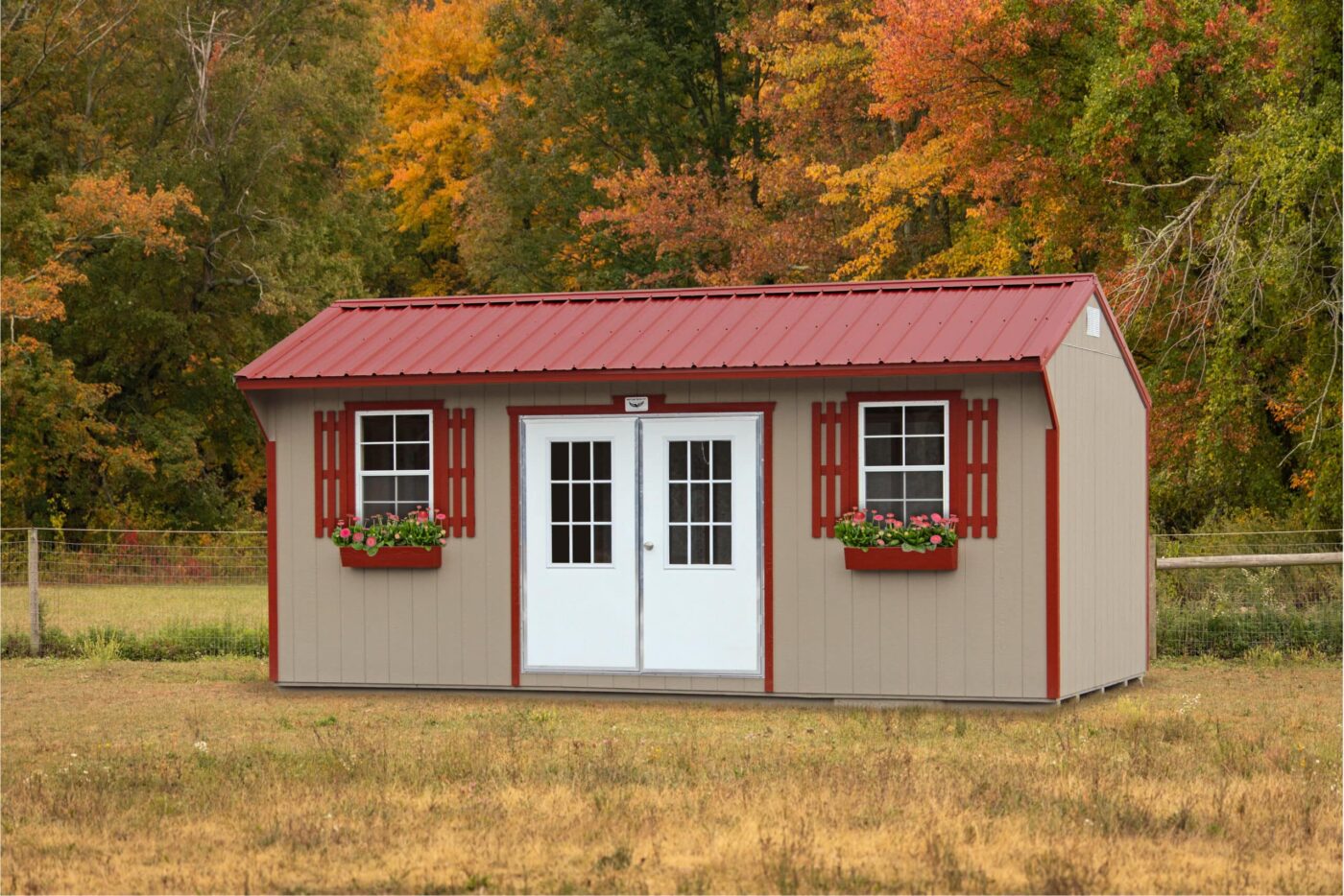 a specialty shed with a red metal roof for sale in cushman AR