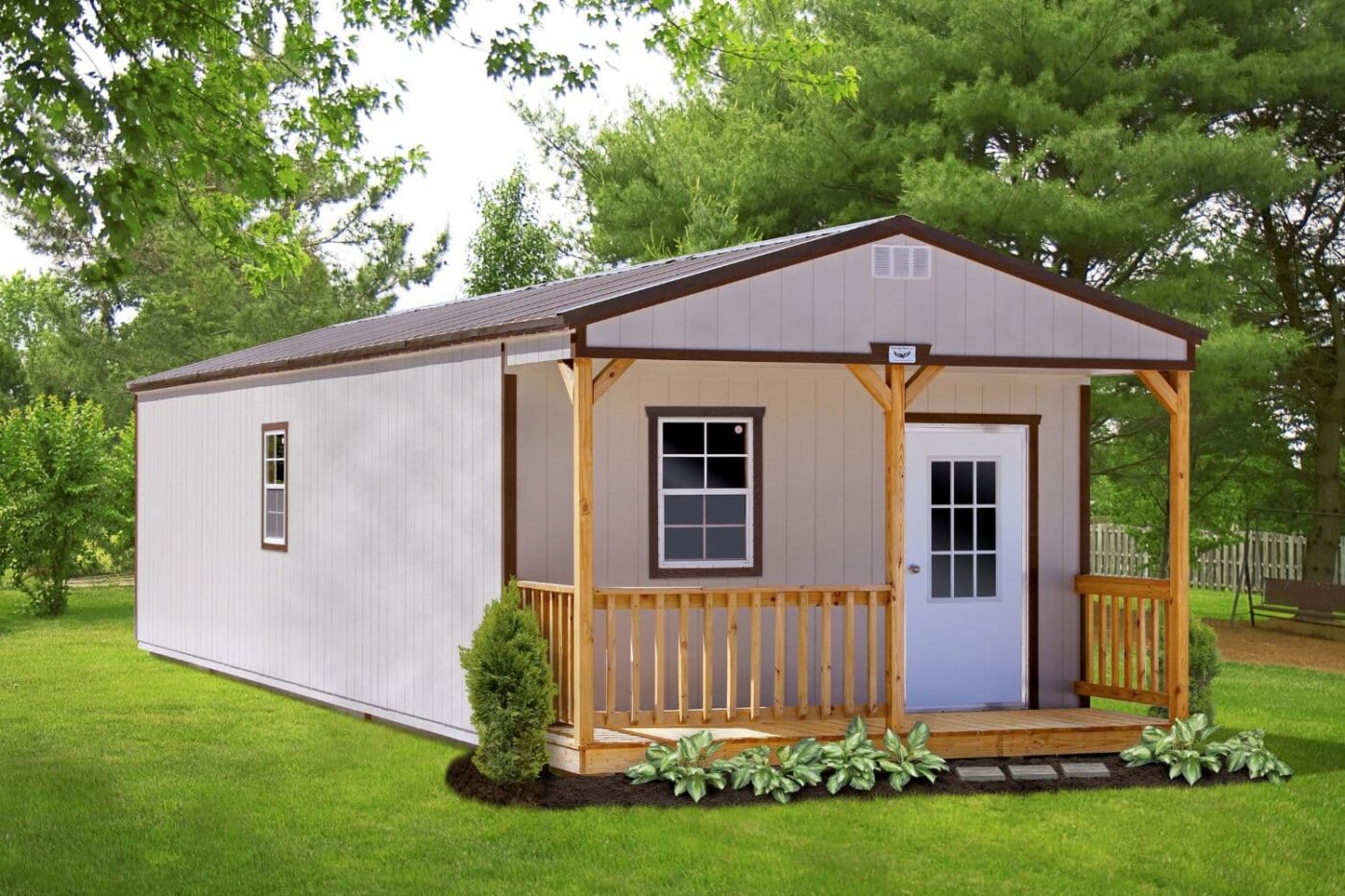 a white cabin shed with a front porch for sale in dota AR