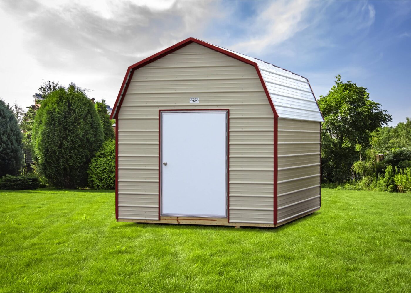 a beige portable metal shed with red trim, a white door, and a metal roof for sale in imboden AR