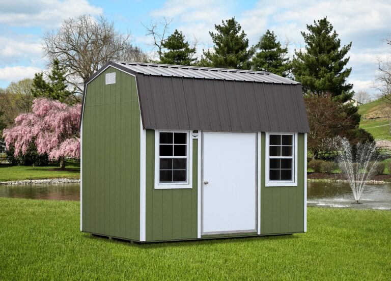 a green portable side barn shed with white trim, a dark grey metal roof, and a white door for sale in bradford AR