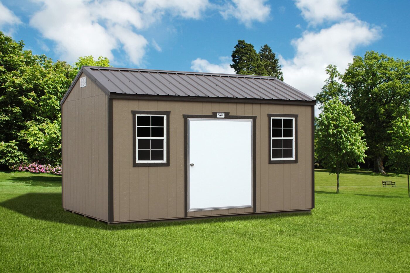 a dark beige portable workshop shed with a white door and a grey metal roof for sale in imboden AR