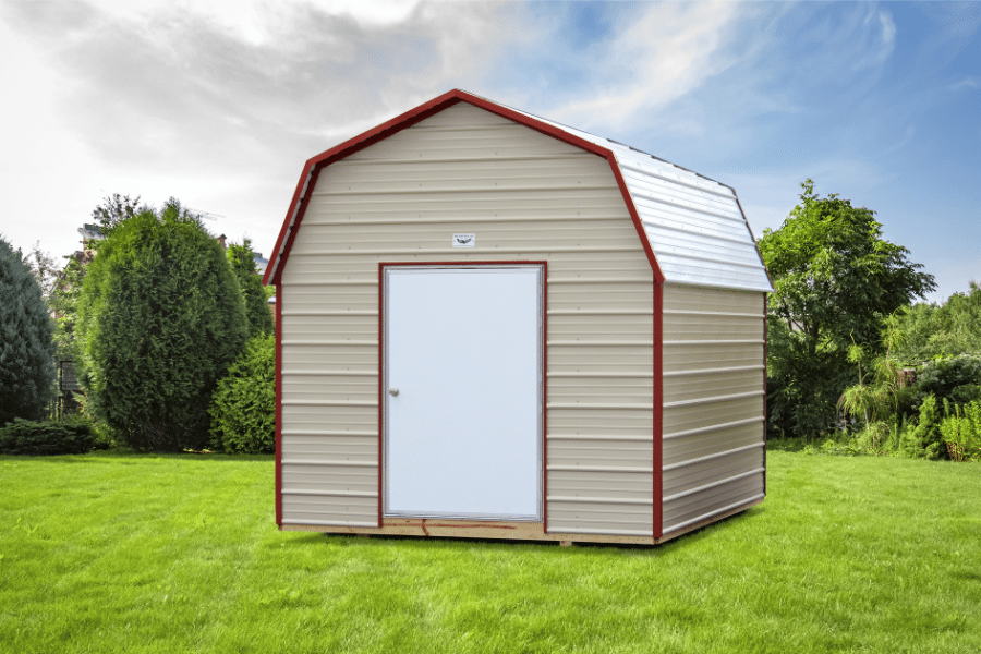 rent to own tan metal value barn shed with red trim