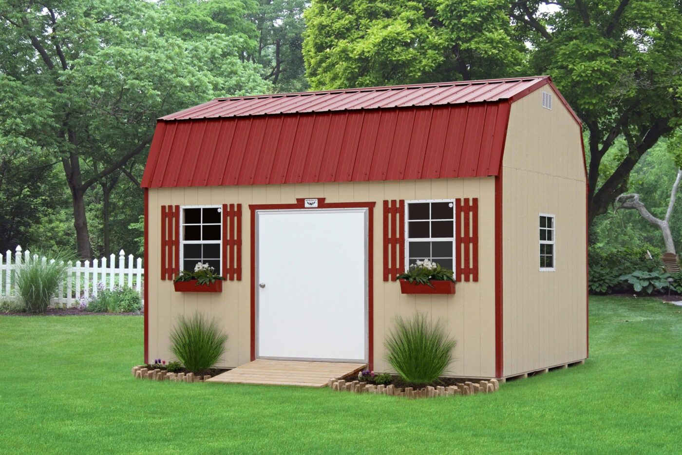 a beige barn shed with a red roof and red trim for sale in dota AR