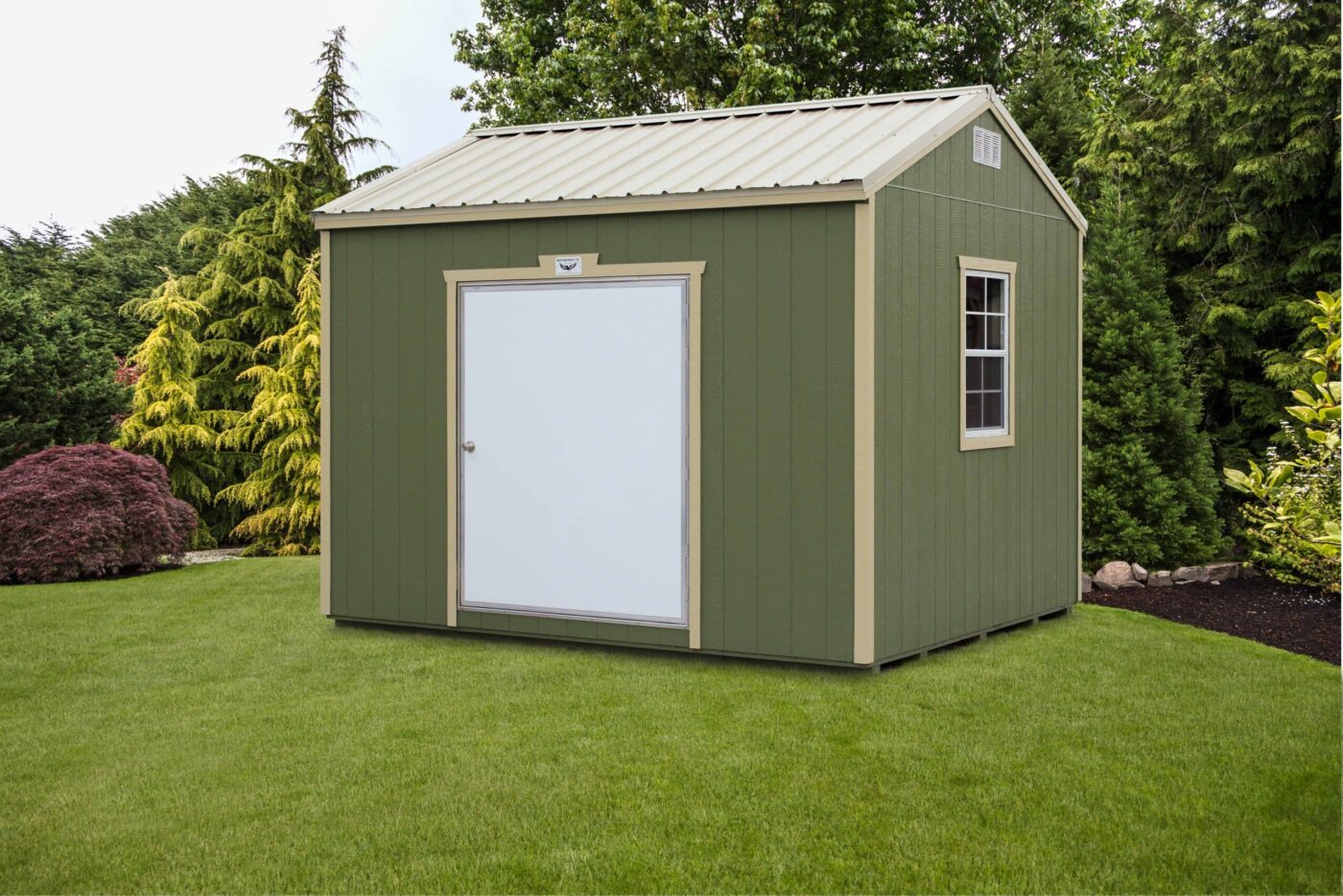 a green workshop shed with beige trim for sale in cord AR
